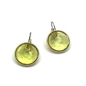 Vintage Faceted Lime Green Round Drop Earrings With Gold-Tone Bezel Setting & Le